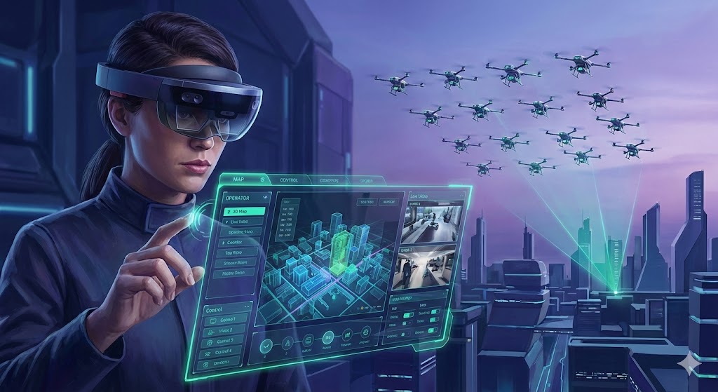 Artistic rendering of a drone swarm or human-AI teaming interface